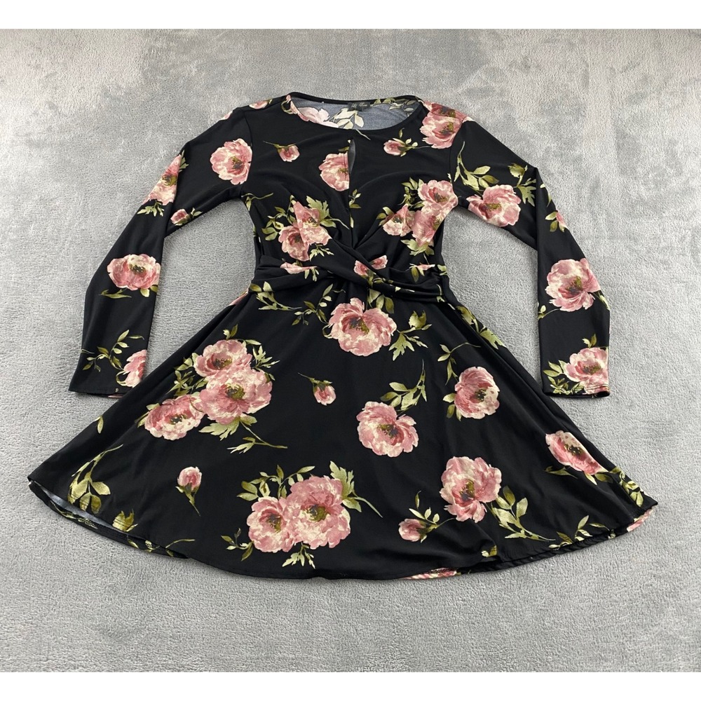 Lily Rose Girls Black Pink Floral Twist Front Long Sleeve Skater Dress Size S